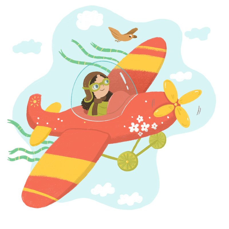 Drawing of a child flying a red airplane