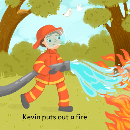 Sample page: Kevin puts out a fire